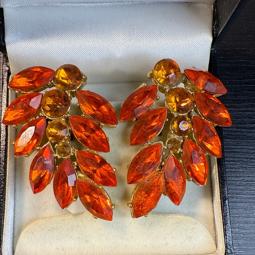 Vintage Fiery Orange and Gold Clip Earrings